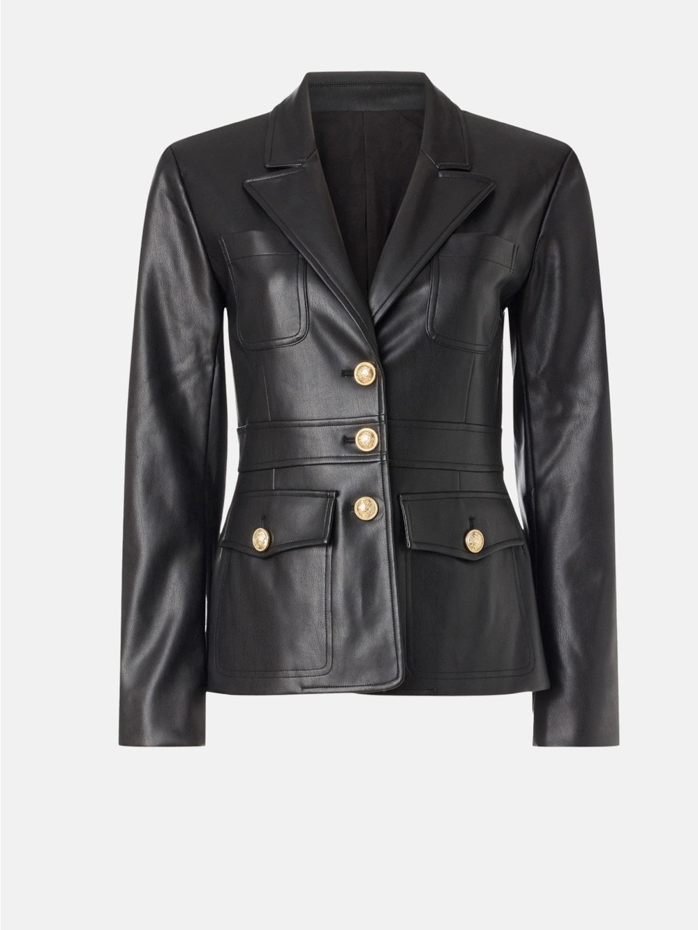 Derek Lam Black Leather Button-Front Blazer with Gold Buttons